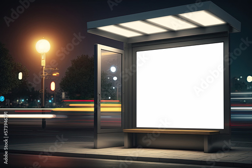  Mockup of blank advertising light box on the bus stop. Generative Ai © idealeksis