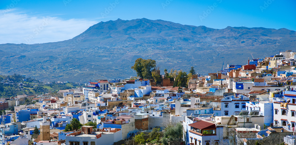 Panoramic of blue city of Chefchaouen in the Rif mountains, Morocco
