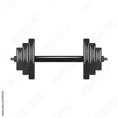Dumbbell icon with black plates. Cartoon dumbell sign. Bodybuilding, crossfit, workout, fitness club symbol. Weightlifting equipment. Template design for gym, fitness, athletic centre. Vector