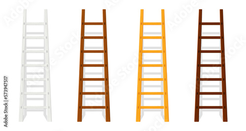 Wooden ladder set. Wood cartoon stepladders collection stand near wall with shadow. White, light, brown, dark brown colors. Vector illustration