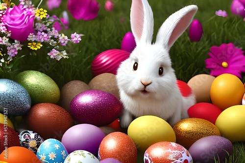 cute easter bunny among painted eggs and flowers. festive atmosphere. Generative AI © Pixel Matrix