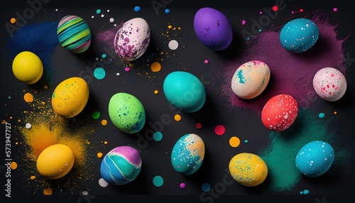  a group of colorfully painted eggs on a black surface.  generative ai