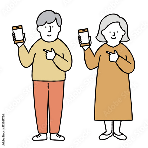 スマホを操作する男性と女性のイラストセット素材　　イエロー