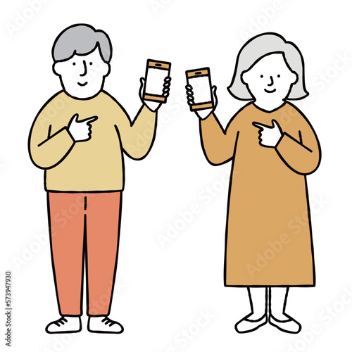 スマホを操作する男性と女性のイラストセット素材　　イエロー