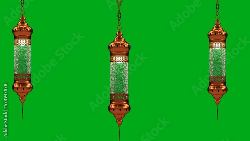 Eid Lantern or Kandela 3d model rotating isolated on green screen, eid mubarak full moon and eid or Ramadan Kareem background, eid mubarak background with moon and lantern photo