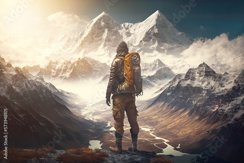 Explorer stand in front of high mountain peak landscape. Bright sun shine. Generative AI © AngrySun