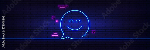 Neon light glow effect. Smile chat line icon. Happy emoticon sign. Speech bubble symbol. 3d line neon glow icon. Brick wall banner. Smile chat outline. Vector