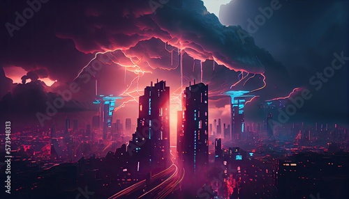 Cloud computing technology concept in a cyberpunk city. Neon. Generative AI.