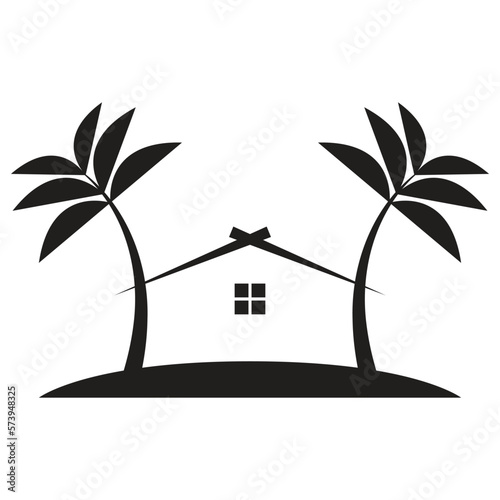 Vector icon with villa and palm trees - abstract summer and vacation icon and emblem for vacation rentals, travel services, tropical spas and beauty studio. 