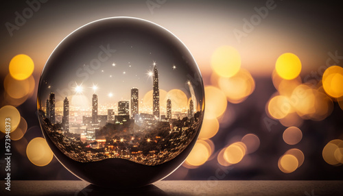 A glass globe with a New York city in it with gold bokeh glamour background. Wallpaper Generative AI