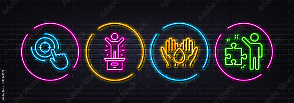 Wash hands, Winner podium and Seo target minimal line icons. Neon laser 3d lights. Strategy icons. For web, application, printing. Skin care, First place, Click aim. Business plan. Vector