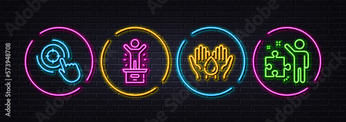 Wash hands, Winner podium and Seo target minimal line icons. Neon laser 3d lights. Strategy icons. For web, application, printing. Skin care, First place, Click aim. Business plan. Vector