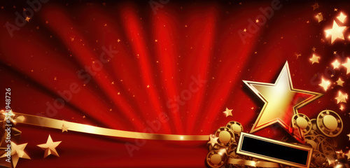 a red and gold background with stars and a movie frame. Oscars ceremony wallpaper Generative AI photo