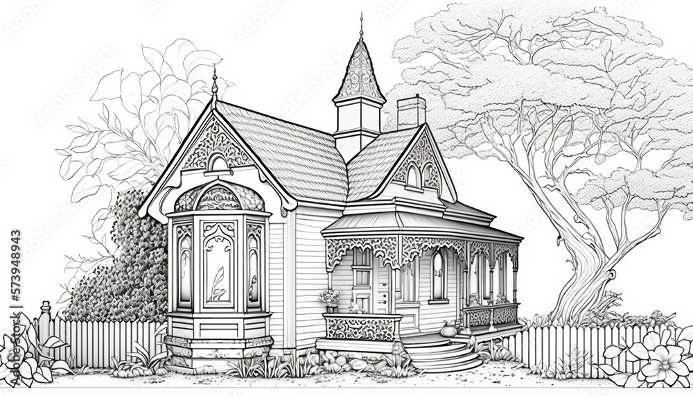 a cute coloring book for children that is still black and white, but waiting for colors and then it will become a wonderful colorful house