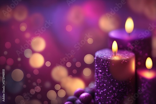  a close up of two lit candles on a purple background. generative ai