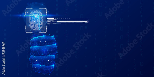 Technology cybersecurity concept, digital security encryption by low poly hand wireframe to scan identity then downloading and accept coding, password vector background.