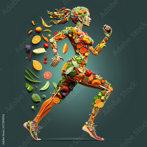 Fit and healthy woman. Nutritious food  vegetables  fruit. Running woman  fitness. Illustration created with Generative AI