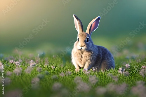 tiny cute rabbit in a spring meadow. Generative AI