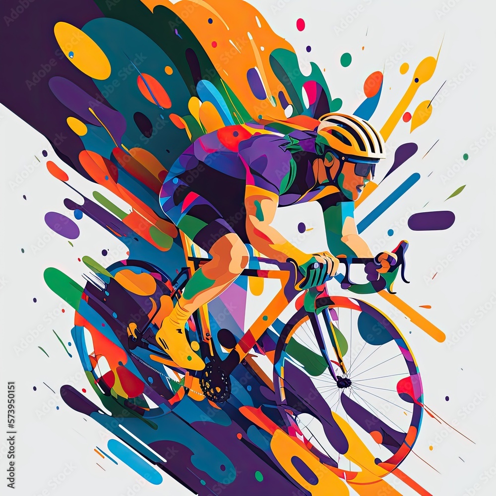 Naklejka premium Dynamic, abstract colorful cycling flat illustration style. Cycling. Generative AI.