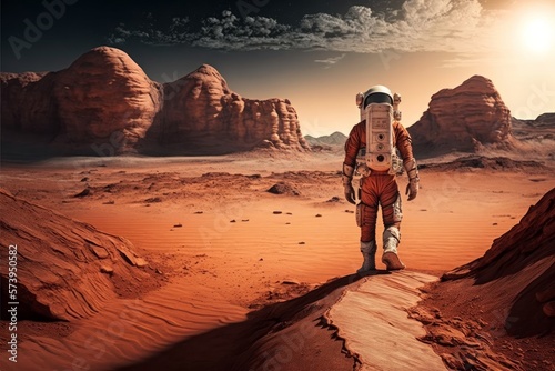 Photorealistic lonely astronaut is walking on Mars, AI generated. Colonization or settlement of Mars is the theoretical human migration and long-term human establishment of Mars.
