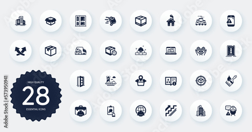 Set of Industrial icons, such as Open door, Skyscraper buildings and Entrance flat icons. Intersection arrows, Buildings, Builder warning web elements. Warning message, Web inventory. Vector