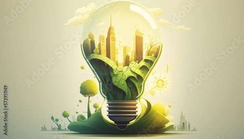 ampoule avec ville intelligente à l'intérieur, concept d'Energie verte, smart city concept, écologie concept, réchauffement climatique, AI photo