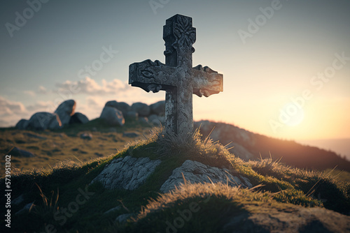 Christian Catholic cross on the hill with the sunset in the background, using creative design elements such as shadows and light to highlight the natural beauty. Generative AI