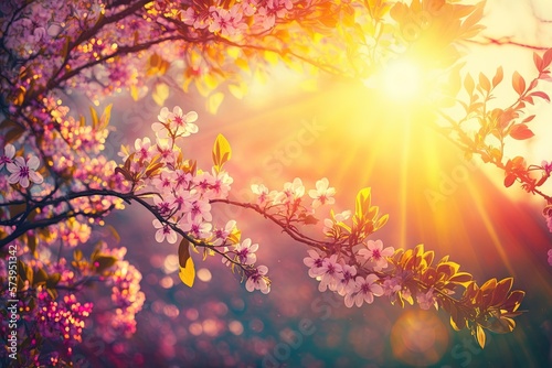 the sun shines through the branches of a flowering tree.  generative ai