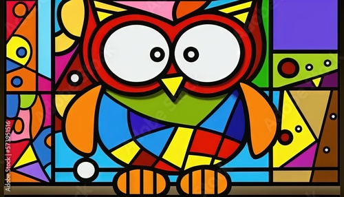  a colorful painting of an owl sitting in front of a window. generative ai