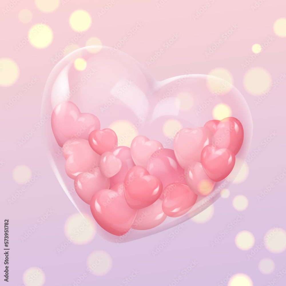 Happy Valentine's Day poster with 
glass realistic glossy heart and pink mini hearts in it, lights bokeh. Vector illustration for card, party, design, flyer, poster, banner, web, advertising.