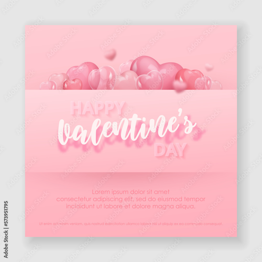Banner with 3d realistic pink hearts hiding behind a pink paper sheet. Vector illustration for Valentines day, discount card, party, design, flyer, poster, decor, banner, web, advertising. 