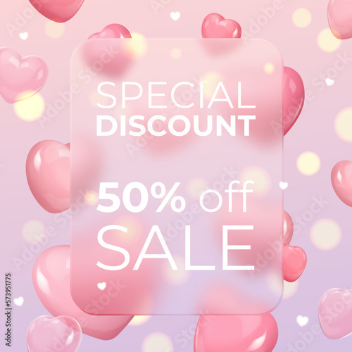 SALE banner with 3d pink hearts, bokeh, golden lights in pink background. Special discount. Vector illustration for card, party, design, flyer, poster, decor, banner, web, advertising.  © vector zėfirkã