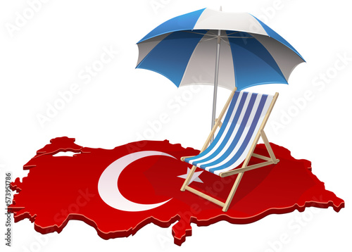 3D map of Turkey in the colors of the Turkish flag with the crescent and the star with a deckchair and its blue parasol placed on it (cut out)