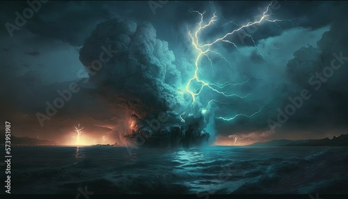  a large cloud of lightning over a body of water with a ship in the distance. generative ai