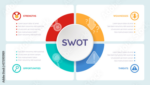 SWOT analysis template for strategic company planning. Four colorful elements with space for text inside. Modern Infographic design template. Vector illustration