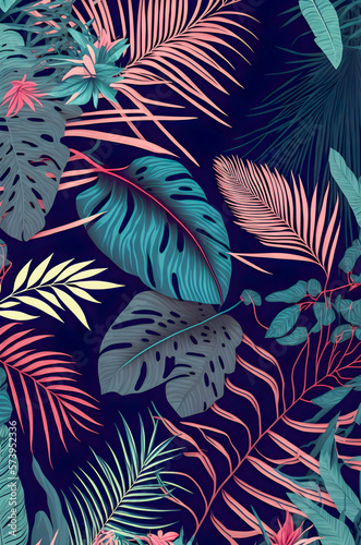 Jungle floral pattern, colorful hand drawn illustration Generative AI