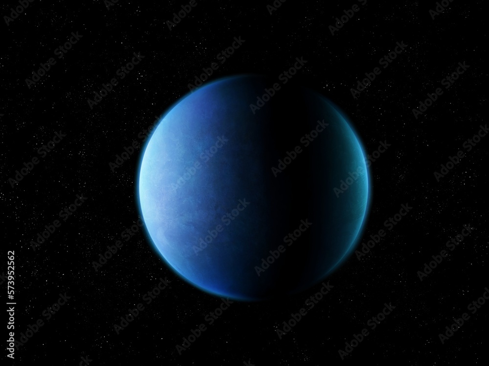 Earth's twin from deep space. Extrasolar planet with water on the surface and oxygen in the atmosphere. Blue Super Earth.