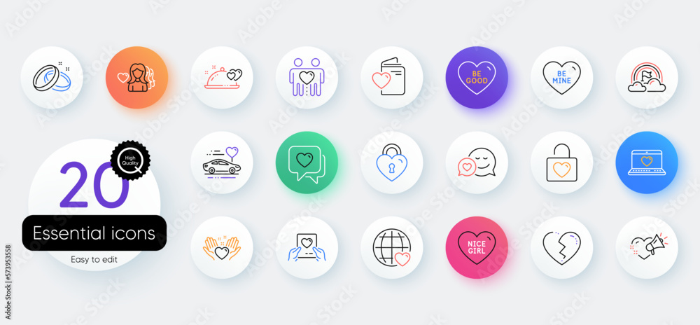Simple set of Woman love, Wedding locker and Love document line icons. Include Friends couple, Nice girl, Heart icons. Dating, Broken heart, Be mine web elements. Be good. Vector