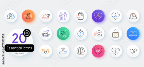 Simple set of Woman love, Wedding locker and Love document line icons. Include Friends couple, Nice girl, Heart icons. Dating, Broken heart, Be mine web elements. Be good. Vector