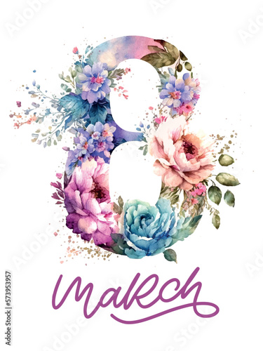 March 8 Happy womens day watercolor flowers lettering greeting card. Vector illustration