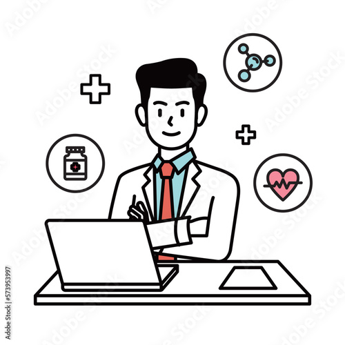 Illustration for medical and health related information and guidance. A male doctor smiling at a hospital desk.