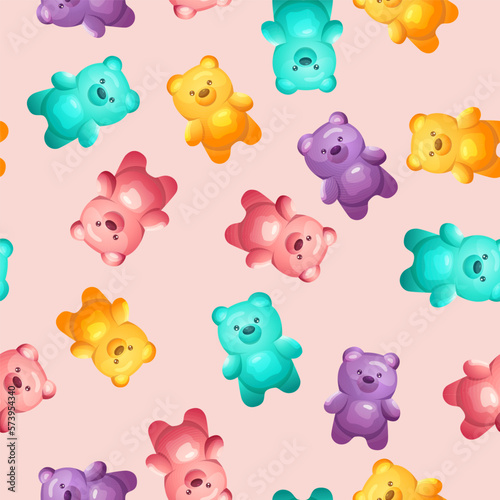 Seamless pattern with colorful sweet jelly bears and gummy fruit candies. Texture for children fabric, kids wallpaper, decorative print. Vector cartoon illustration