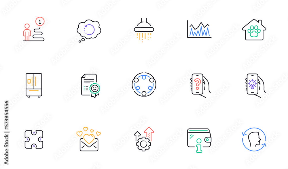 Wallet, Inclusion and Investment line icons for website, printing. Collection of Recovery data, Love mail, Electric app icons. Shower, Seo gear, Help app web elements. Refrigerator. Vector Wallet, Inclusion and Investment line icons for website, printing. Collection of Recovery data, Love mail, Electric app icons. Shower, Seo gear, Help app web elements. Refrigerator. Vector