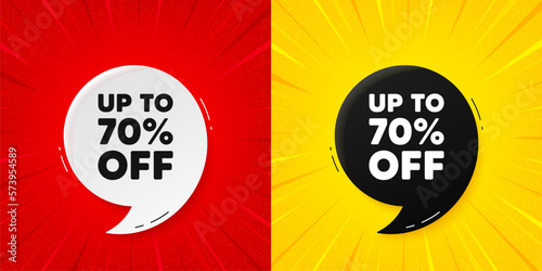 Up to 70 percent off sale. Flash offer banner with quote. Discount offer price sign. Special offer symbol. Save 70 percentages. Starburst beam banner. Discount tag speech bubble. Vector