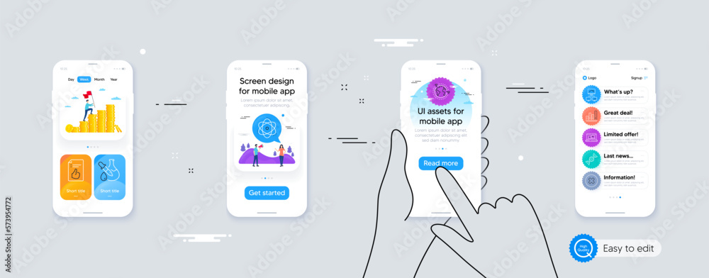 Set of Web inventory, Atom and Outsourcing line icons. Phone ui interface. Include Close button, Chemistry dna, Approved document icons. Vector Set of Web inventory, Atom and Outsourcing line icons. Phone ui interface. Include Close button, Chemistry dna, Approved document icons. Vector