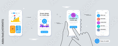 Set of Web inventory, Atom and Outsourcing line icons. Phone ui interface. Include Close button, Chemistry dna, Approved document icons. Vector