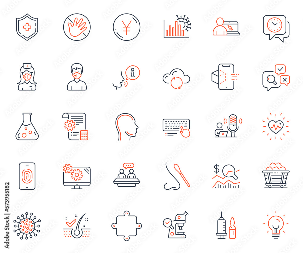 Science icons set. Included icon as Coal trolley, Yen money and Inspect web elements. Chemistry lab, Cloud sync, Puzzle icons. Nurse, Medical mask, Augmented reality web signs. Vector