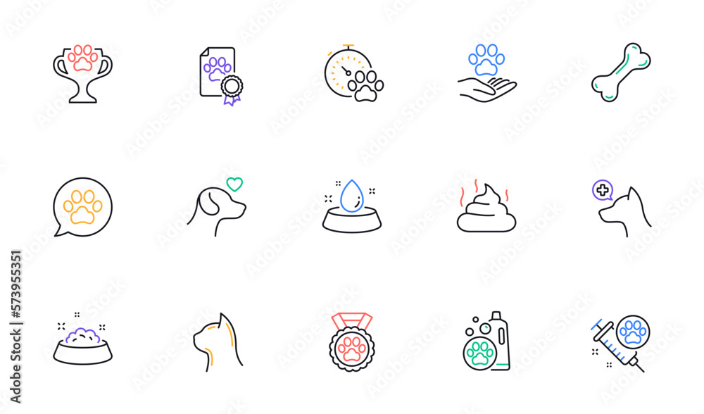 Pets line icons set. Veterinary, cat food and dog care. Lovely animals, shampoo for pets and doghouse icons. Vaccine, pet care and dog paw. Winner cup, certificate and medal. Animal feces. Vector Pets line icons set. Veterinary, cat food and dog care. Lovely animals, shampoo for pets and doghouse icons. Vaccine, pet care and dog paw. Winner cup, certificate and medal. Animal feces. Vector