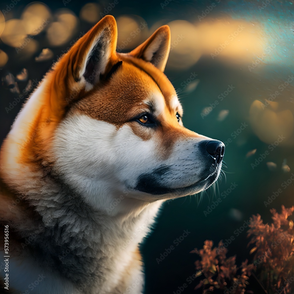 Akita inu posing in the fantasy wilderness. Dog portrait. Akita inu posing in the fantasy wilderness. Dog portrait.