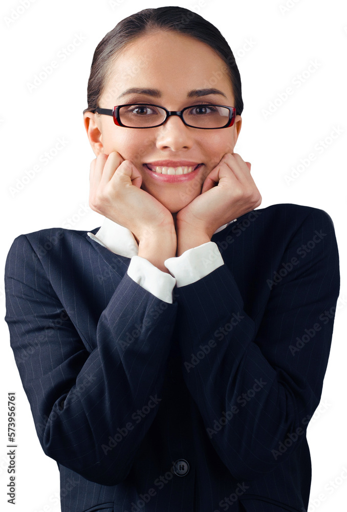 Friendly Businesswoman Shrug with Head Reasting on Fists - Isolated Friendly Businesswoman Shrug with Head Reasting on Fists - Isolated